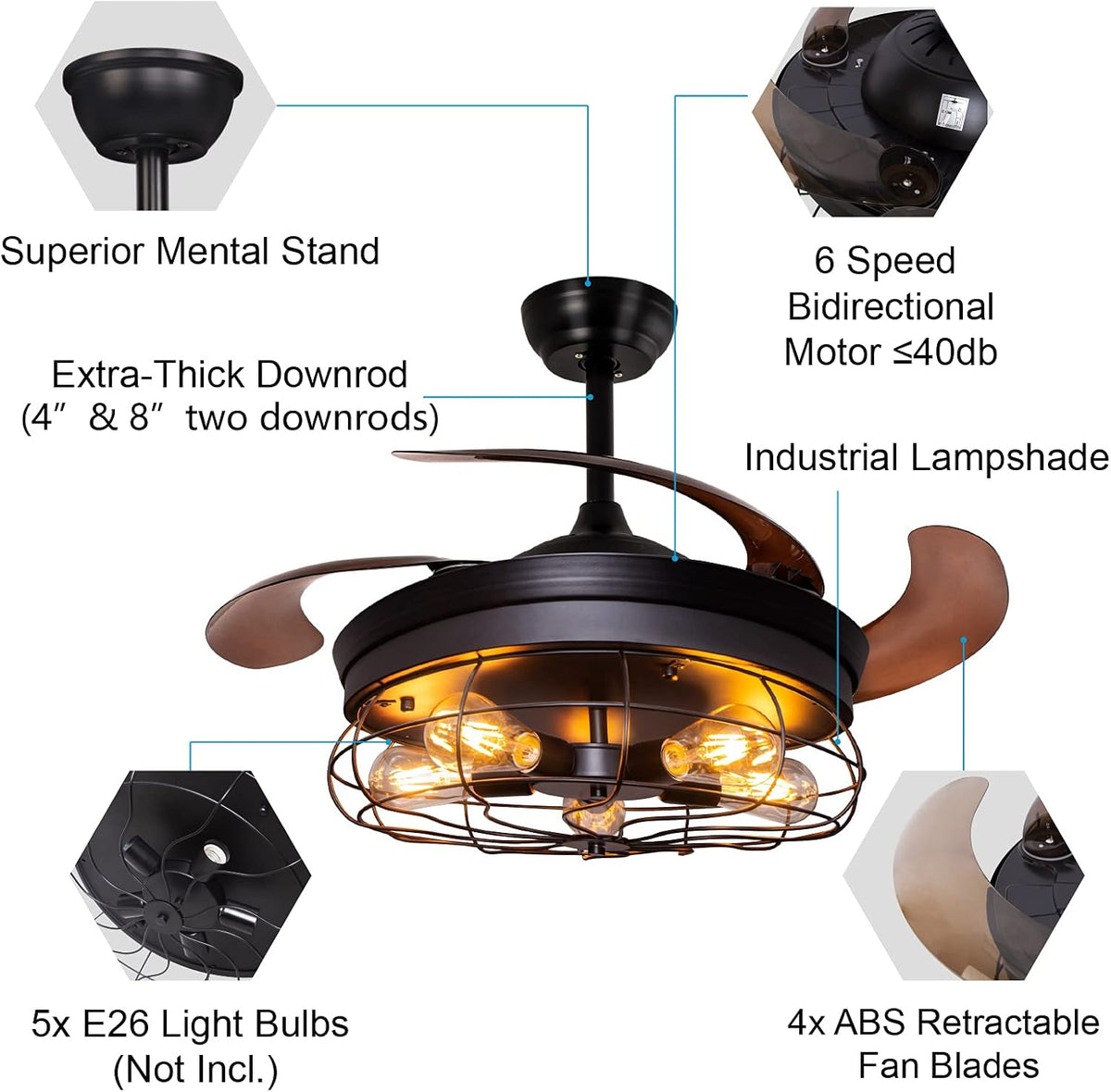 42'' Industrial Black Caged Ceiling Fan with Lights Remote Control E593288