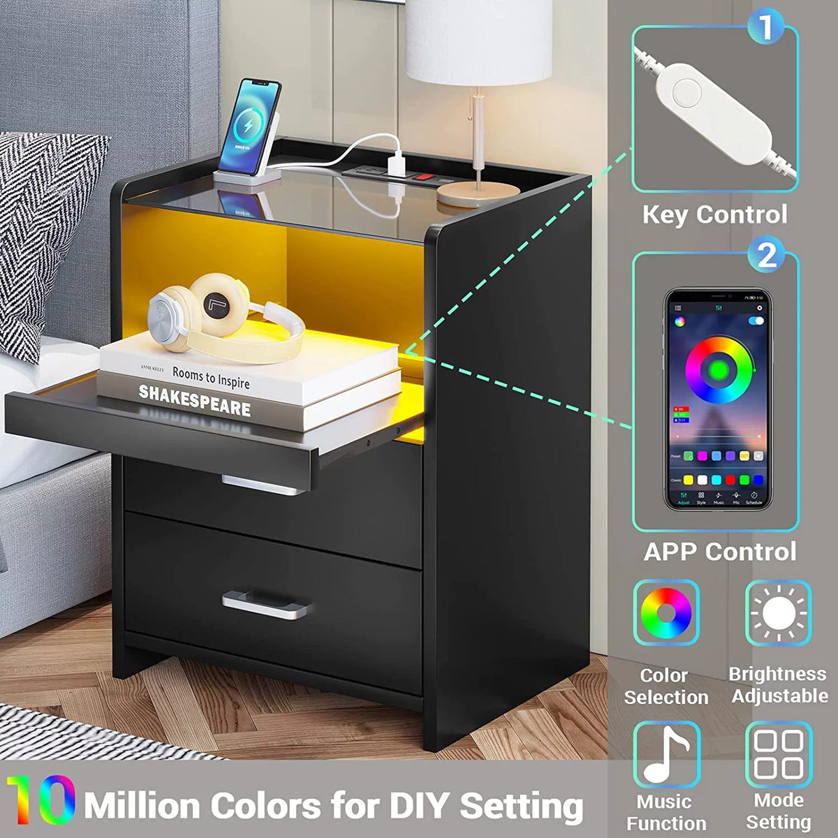 Black Nightstand with LED Lights and Charging Station L680