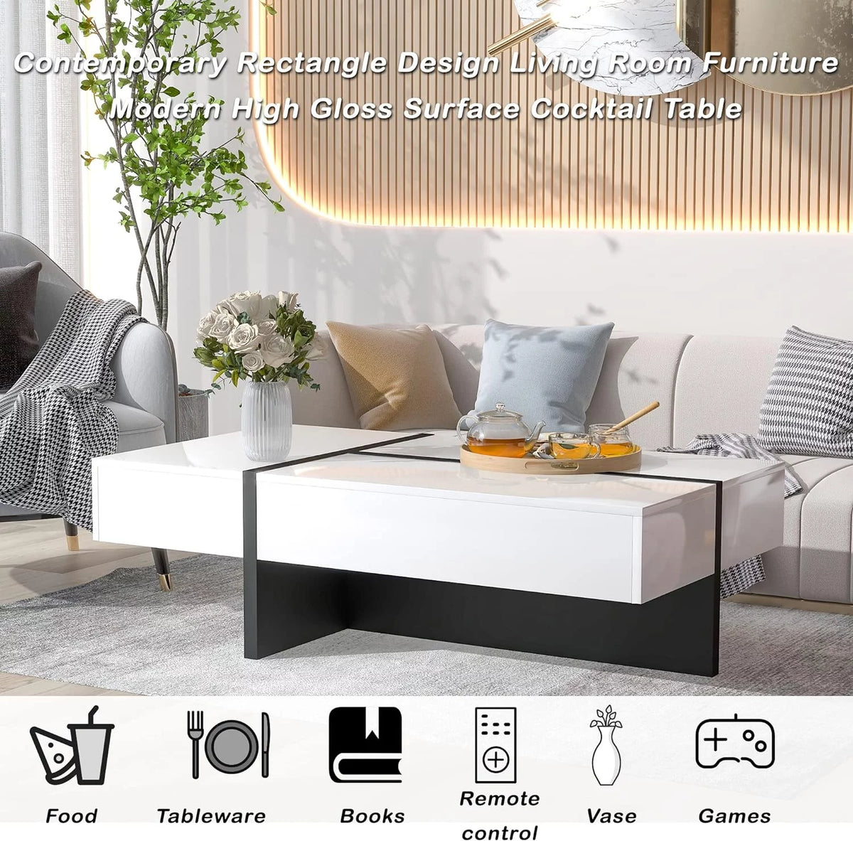 Rectangle Coffee Table with Large Drawer, High Gloss White G5771