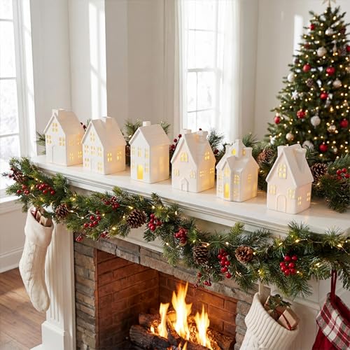 Set of 6 White Ceramic Christmas Village Houses H400481