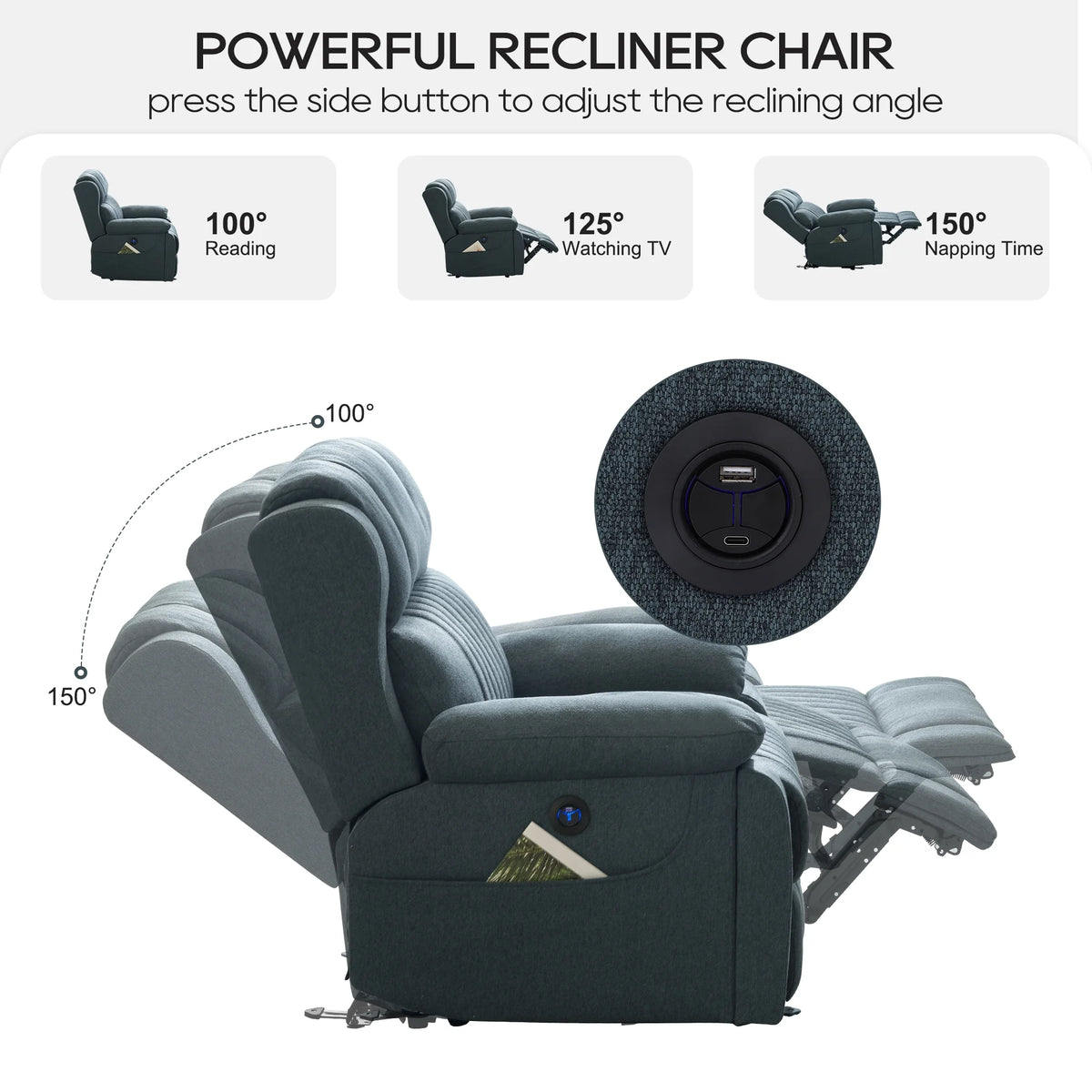 Blue Electric Power Recliner Chair with Heat and Massage Y200621