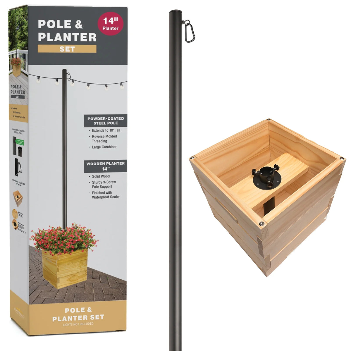 Wooden Planter Box Set with String Light Pole U853482