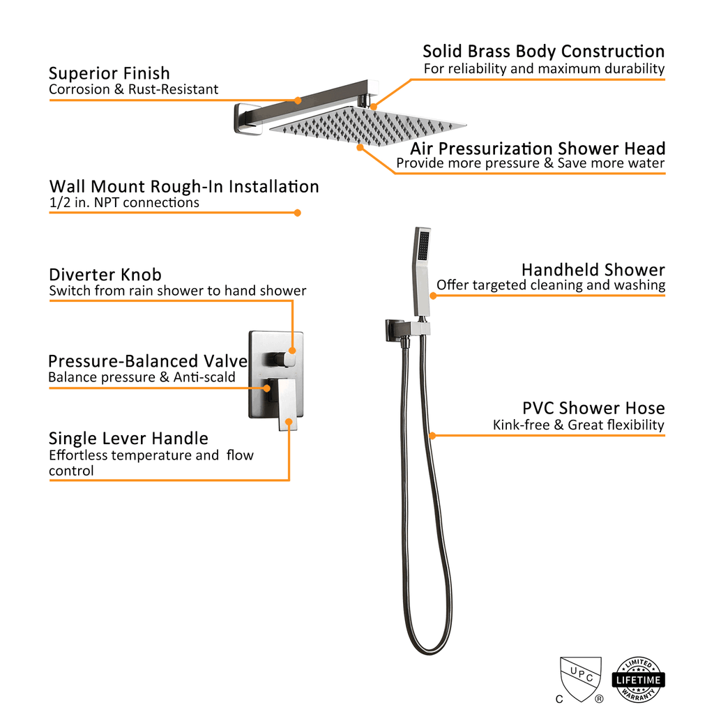 Brushed Nickel 10x22 Shower Set Rainfall Shower Head Handheld Spray C1577
