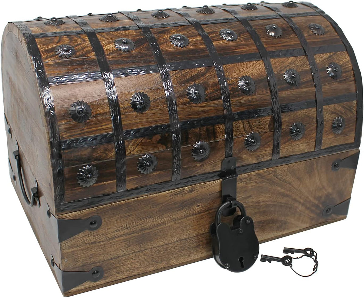 Pirate Treasure Chest with Iron Lock and Skeleton Key, X-Large 16 x 11 x 10.5 O72184