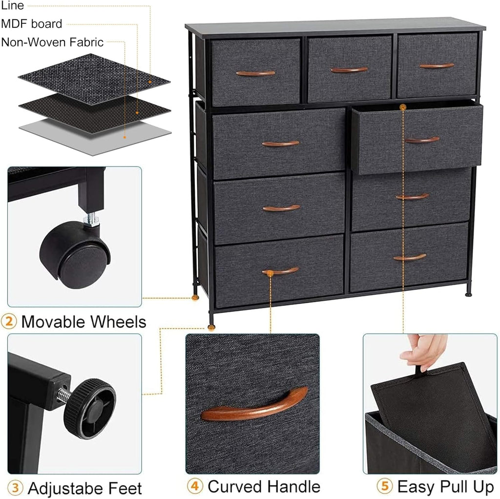 Grey 9 Drawer Dresser with Steel Frame and Wooden Top M524