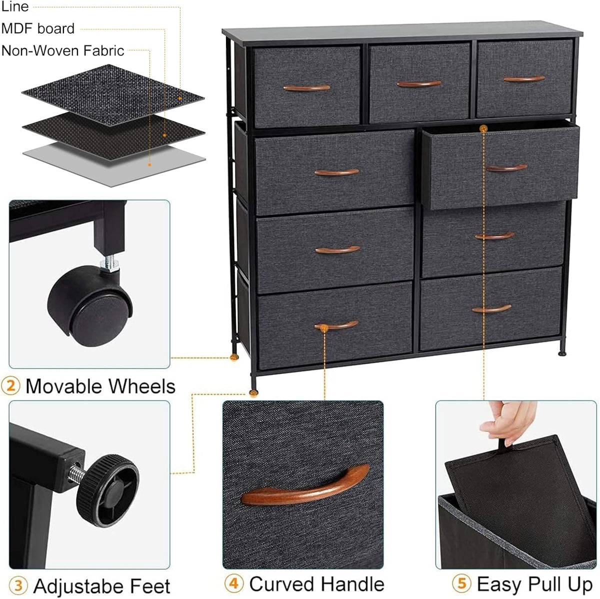 Grey 9 Drawer Dresser with Steel Frame and Wooden Top M524