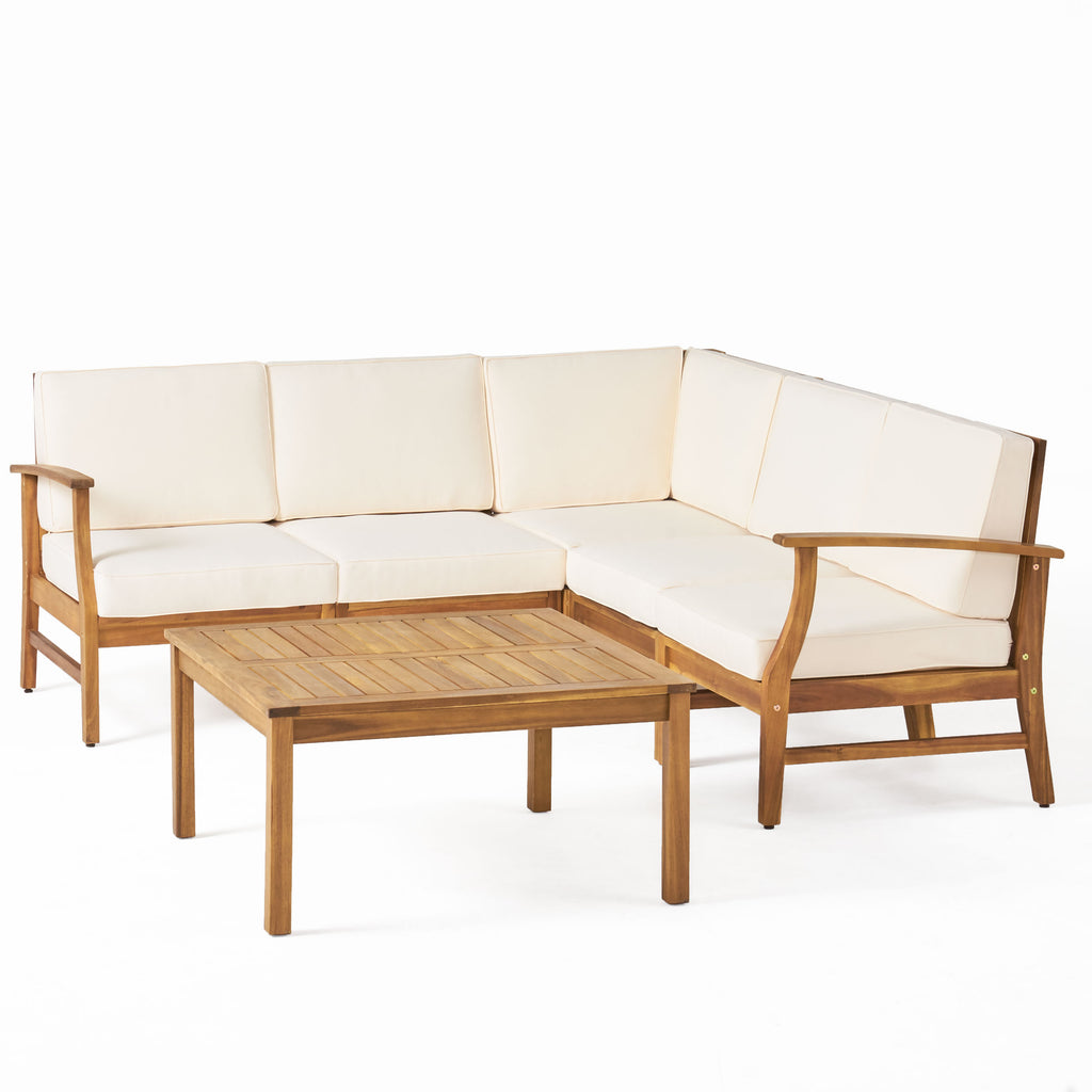 6 Piece Outdoor Acacia Wood Chat Set with Cushions, Teak Finish, Cream I925