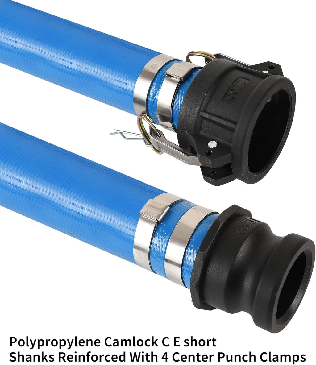 2 x 50FT Blue Discharge Hose with Camlock C and E Fittings, Reinforced PVC Lay Flat Backwash Hose Assembly V69915