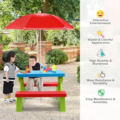 Kids Plastic Picnic Table with Umbrella Q81497