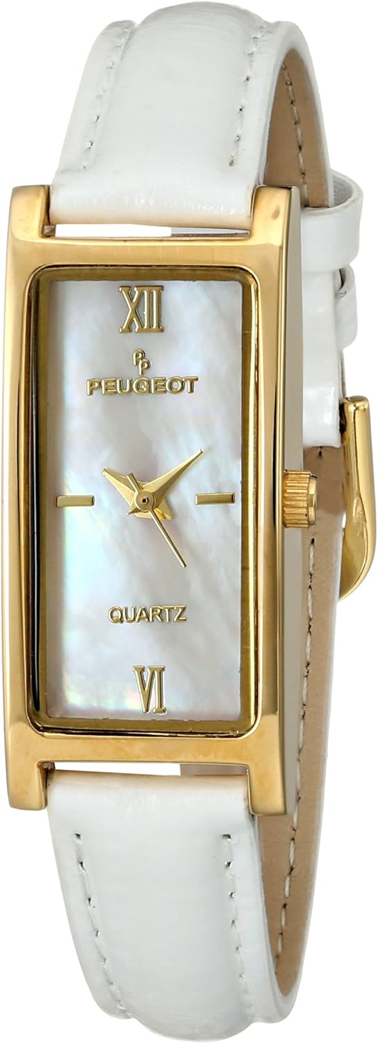 14K Gold Plated White Mother of Pearl Roman Numeral White Leather Thin Strap Dress Watch X747178