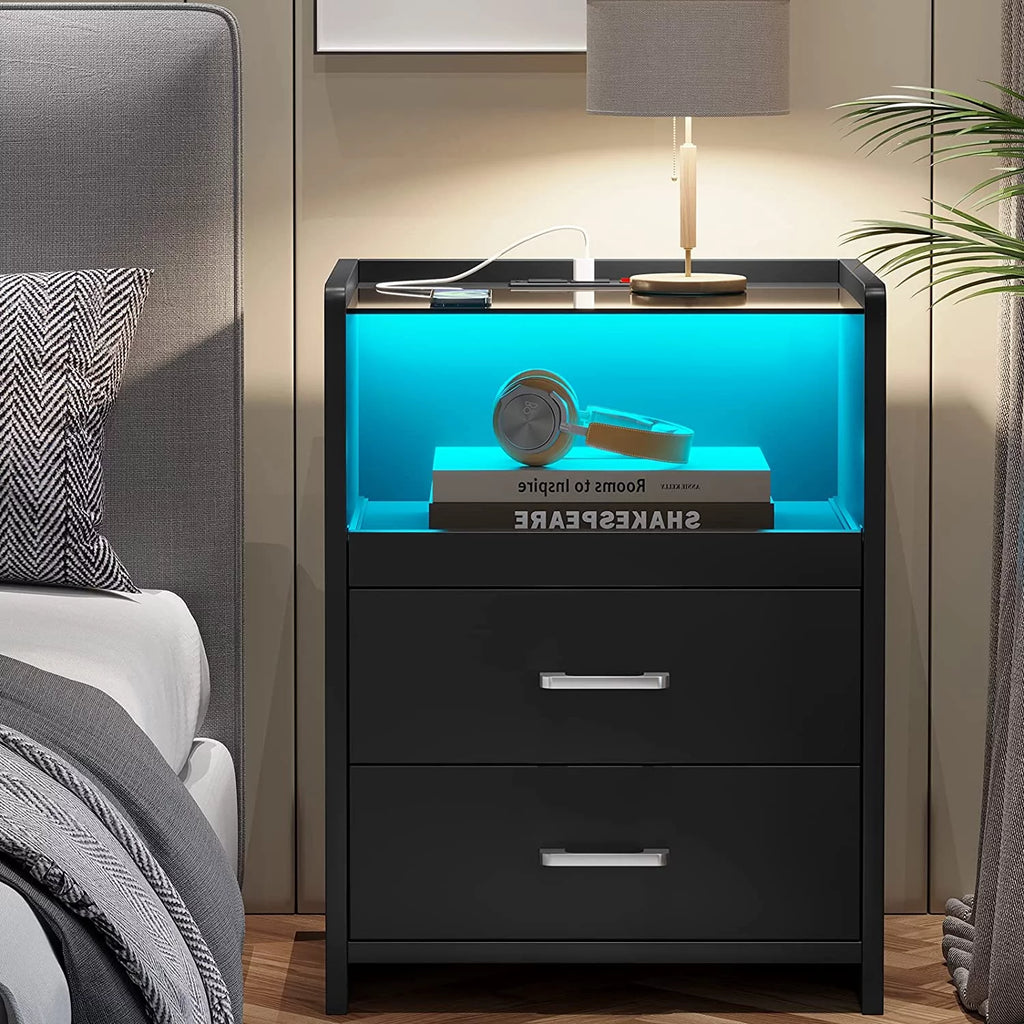 Black Nightstand with LED Lights and Charging Station L680