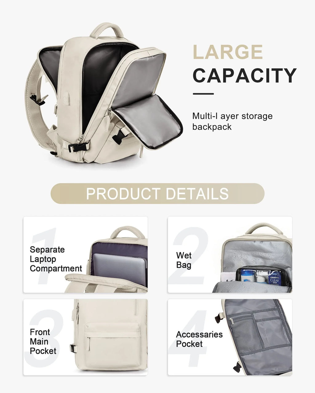 Beige Waterproof 14 Inch Laptop Travel Backpack with Shoe Compartment X3051