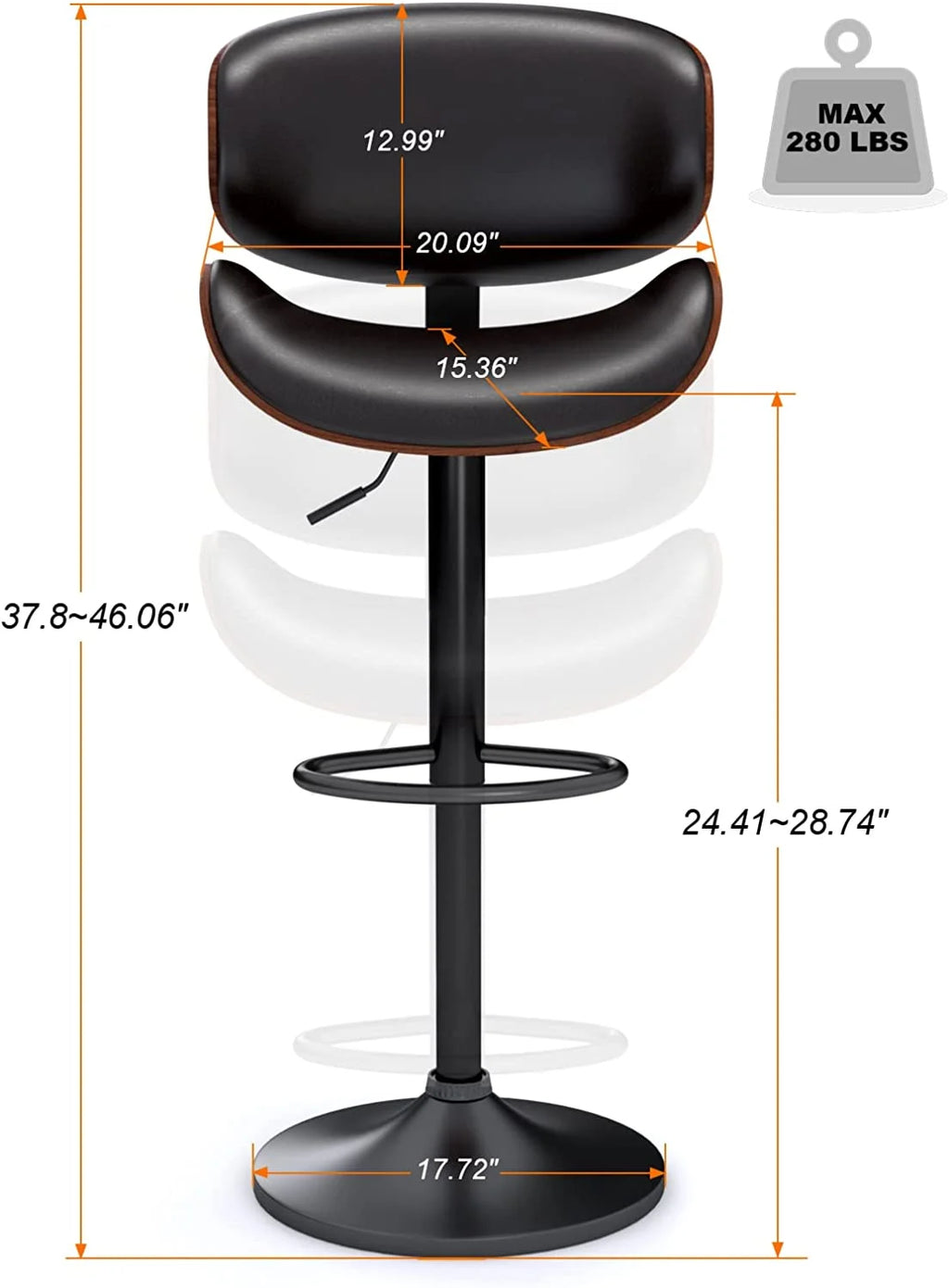 Swivel Bar Stools Set of 2, Adjustable PU Leather with Back and Footrest L19055