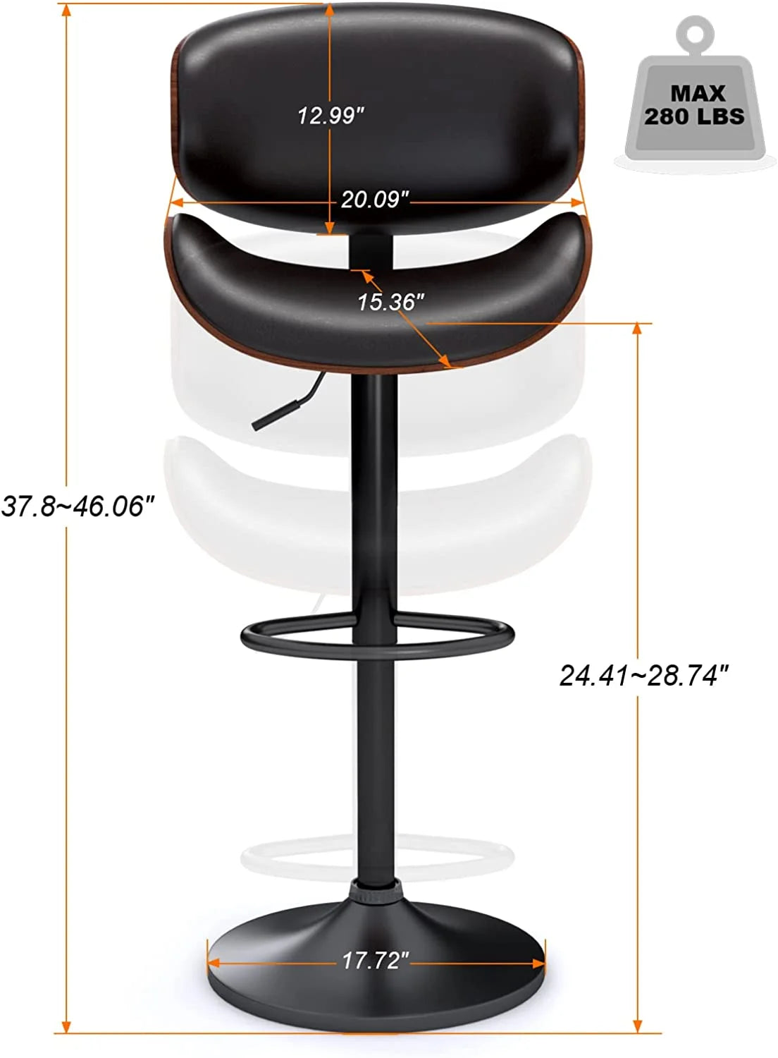 Swivel Bar Stools Set of 2, Adjustable PU Leather with Back and Footrest L19055
