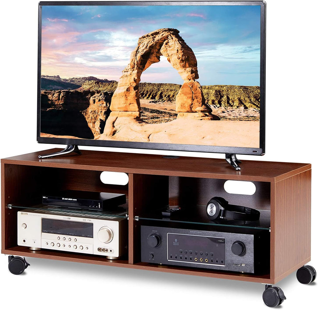 Rolling Wood Corner TV Console Stand with Wheels and Cabinets for up to 60 inch TVs, Walnut M38717