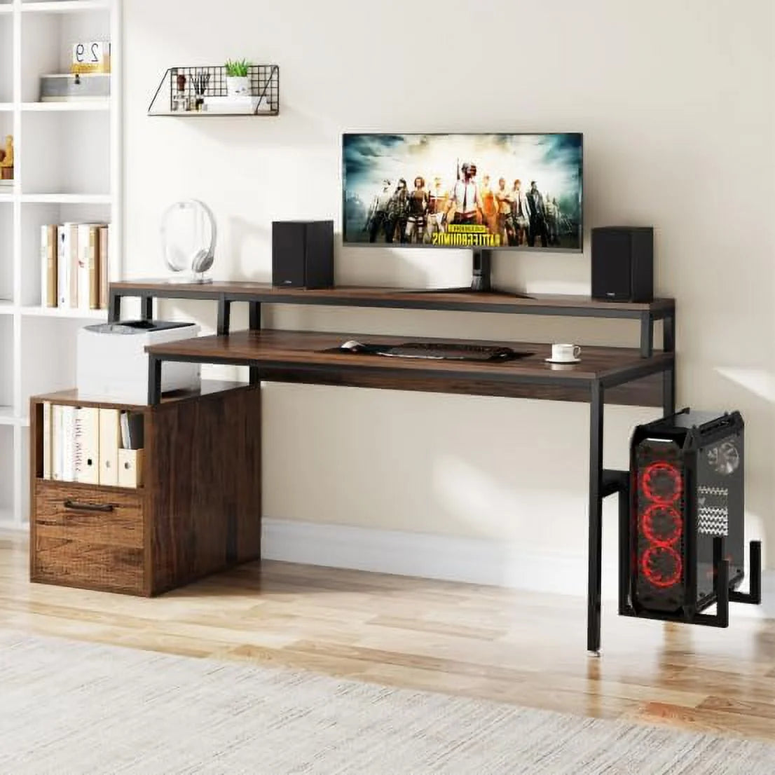Brown Computer Desk with Monitor Stand and Drawer Q265