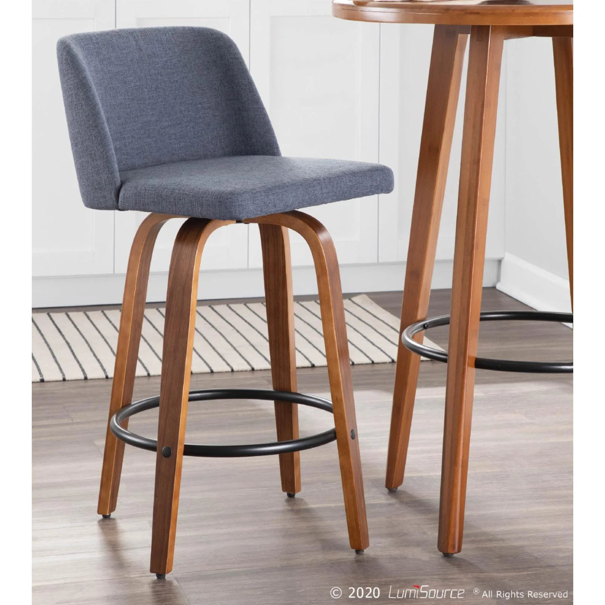 Walnut and Blue Fabric Counter Stool Set of 2 N4151