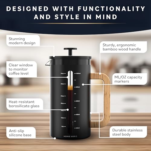 34 oz French Press Coffee Maker with Bamboo Wood Handle Borosilicate Glass R6372