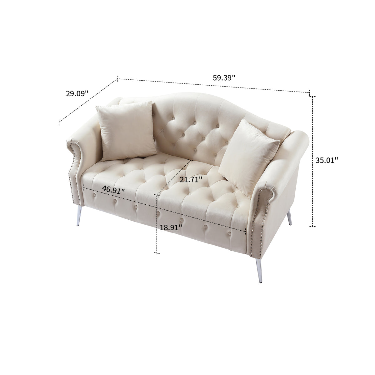 Beige Velvet Button Tufted Loveseat Sofa with Roll Armrest and Metal Legs Z8643