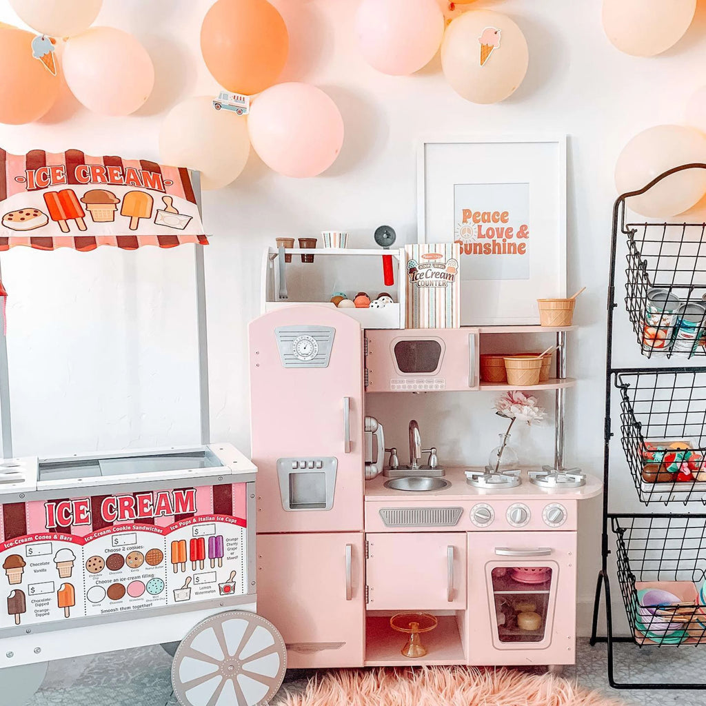 Pink Wooden Play Kitchen with Pretend Ice Maker and Play Phone P6051