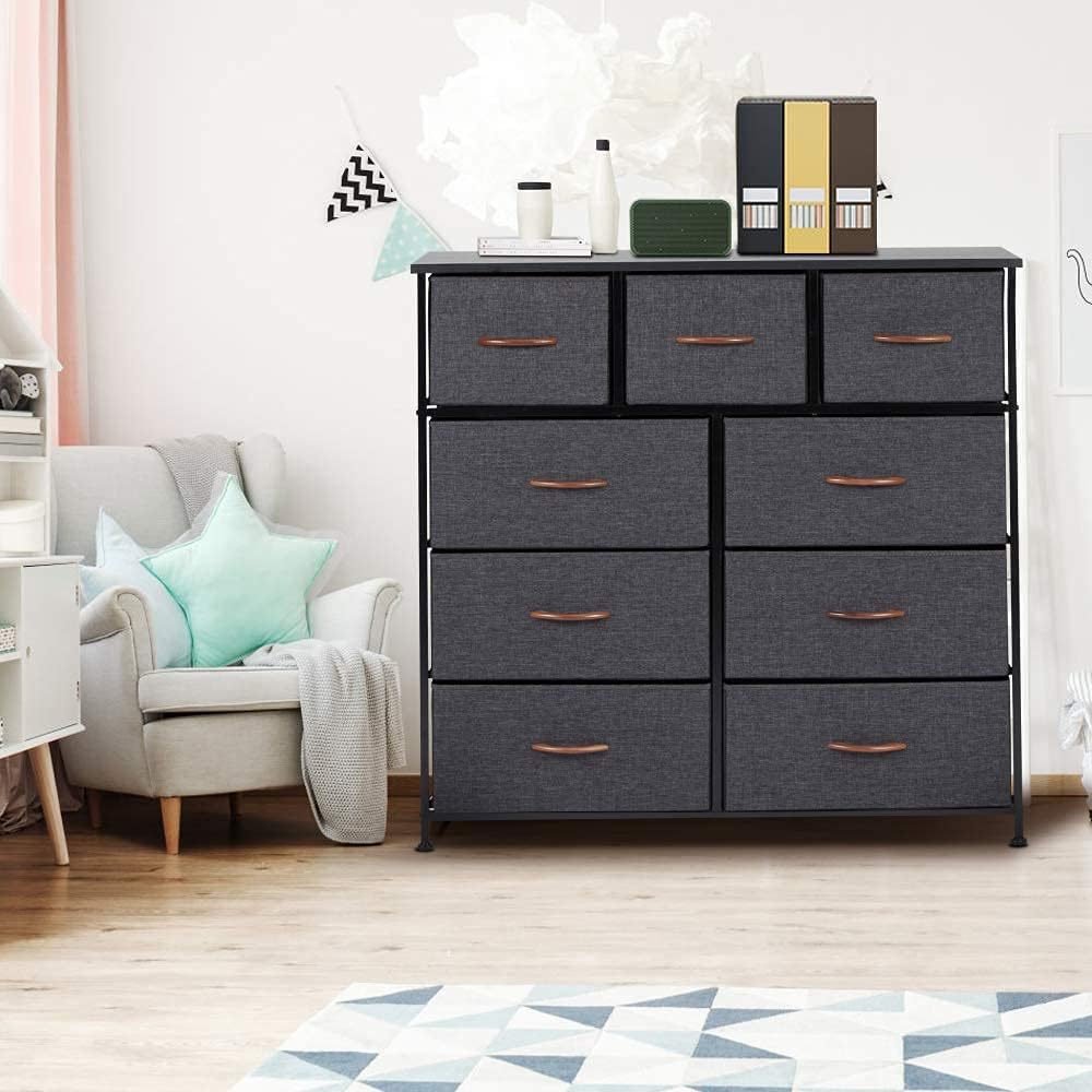 Grey 9 Drawer Dresser with Steel Frame and Wooden Top M524