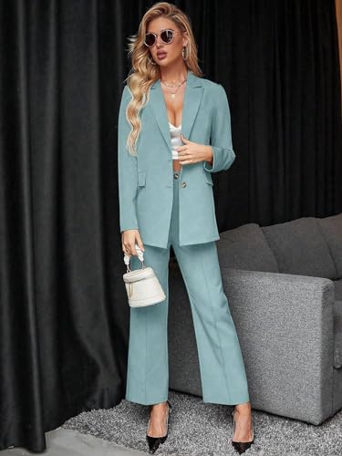 2 Piece Blazer Set Button Front Long Sleeve Blazer and Pants Solid Suits Set L8080