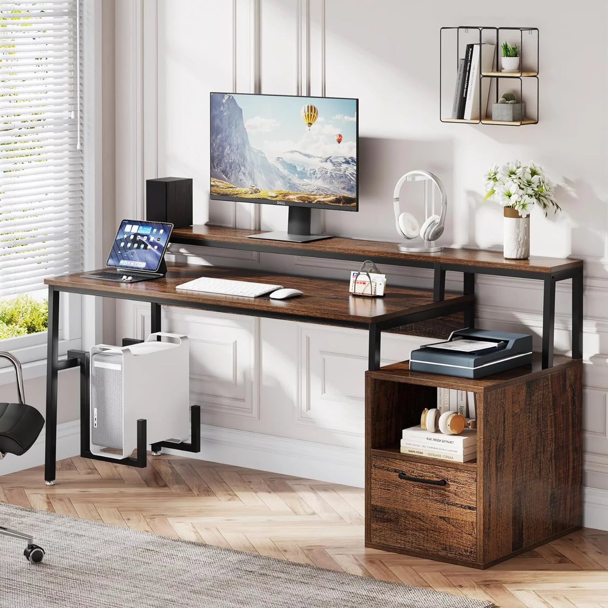 Brown Computer Desk with Monitor Stand and Drawer Q265