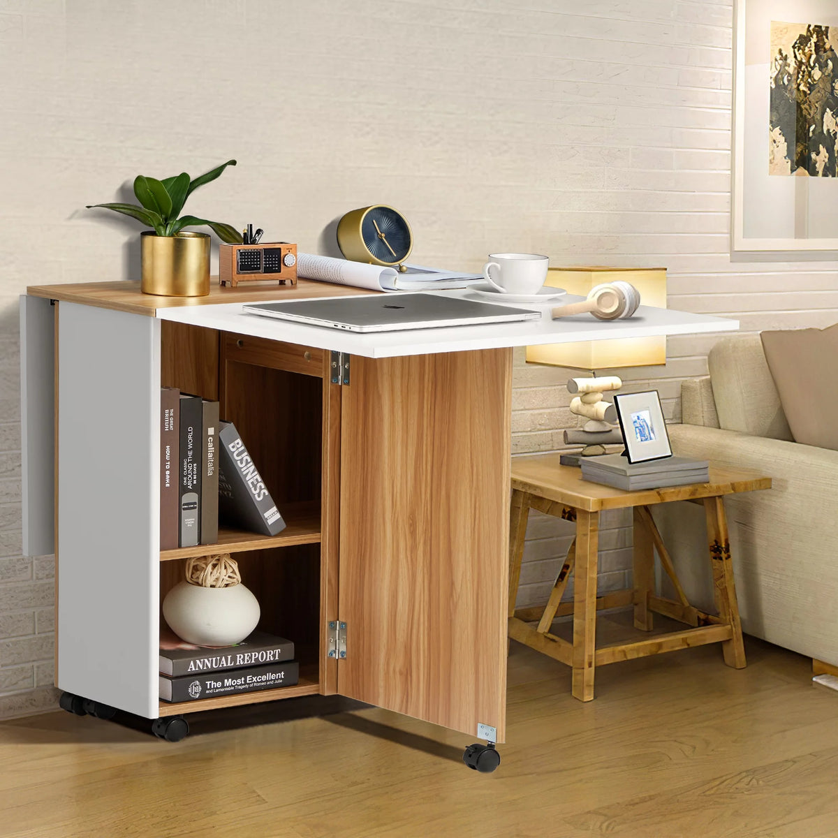 Folding Dining Table with 6 Wheels, Drawer and Storage Shelf, White and Wood Grain P504
