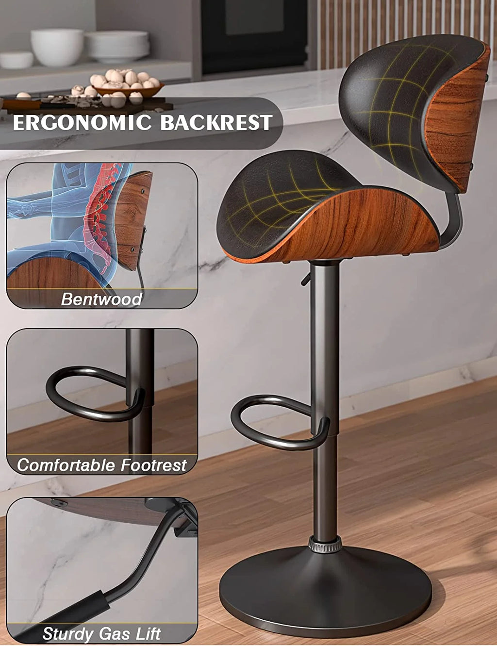 Swivel Bar Stools Set of 2, Adjustable PU Leather with Back and Footrest L19055