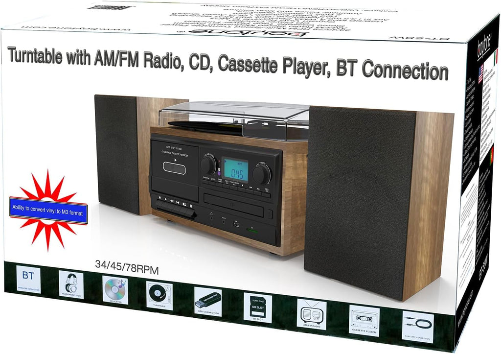 Bluetooth Record Player Turntable with CD Player, Cassette, AM/FM Radio, USB/SD Encoding, Built in Amplifier S63331