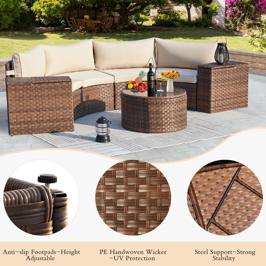 7 Piece Wicker Sectional Sofa and Glass Table Patio Set A3022