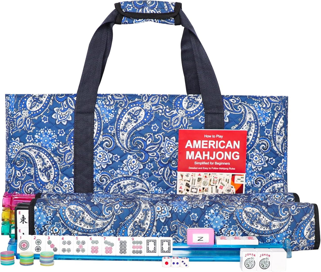 166 Quality White Tiles Mahjong Game Set with Blue Printed Carrying Bag C238004