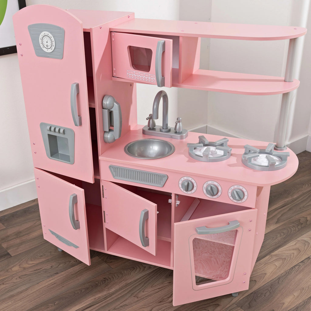 Pink Wooden Play Kitchen with Pretend Ice Maker and Play Phone P6051