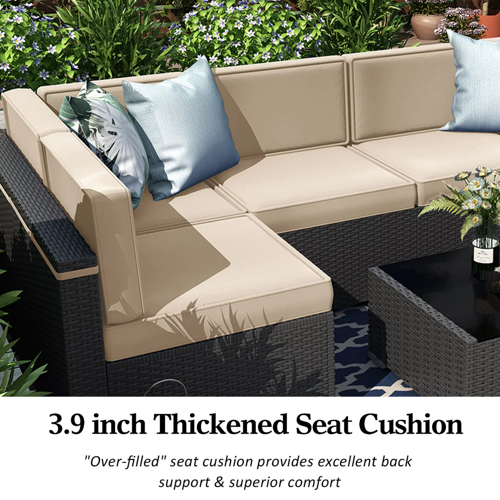 7 Piece Wicker Rattan Patio Furniture Set with Cushion and Glass Table I94718