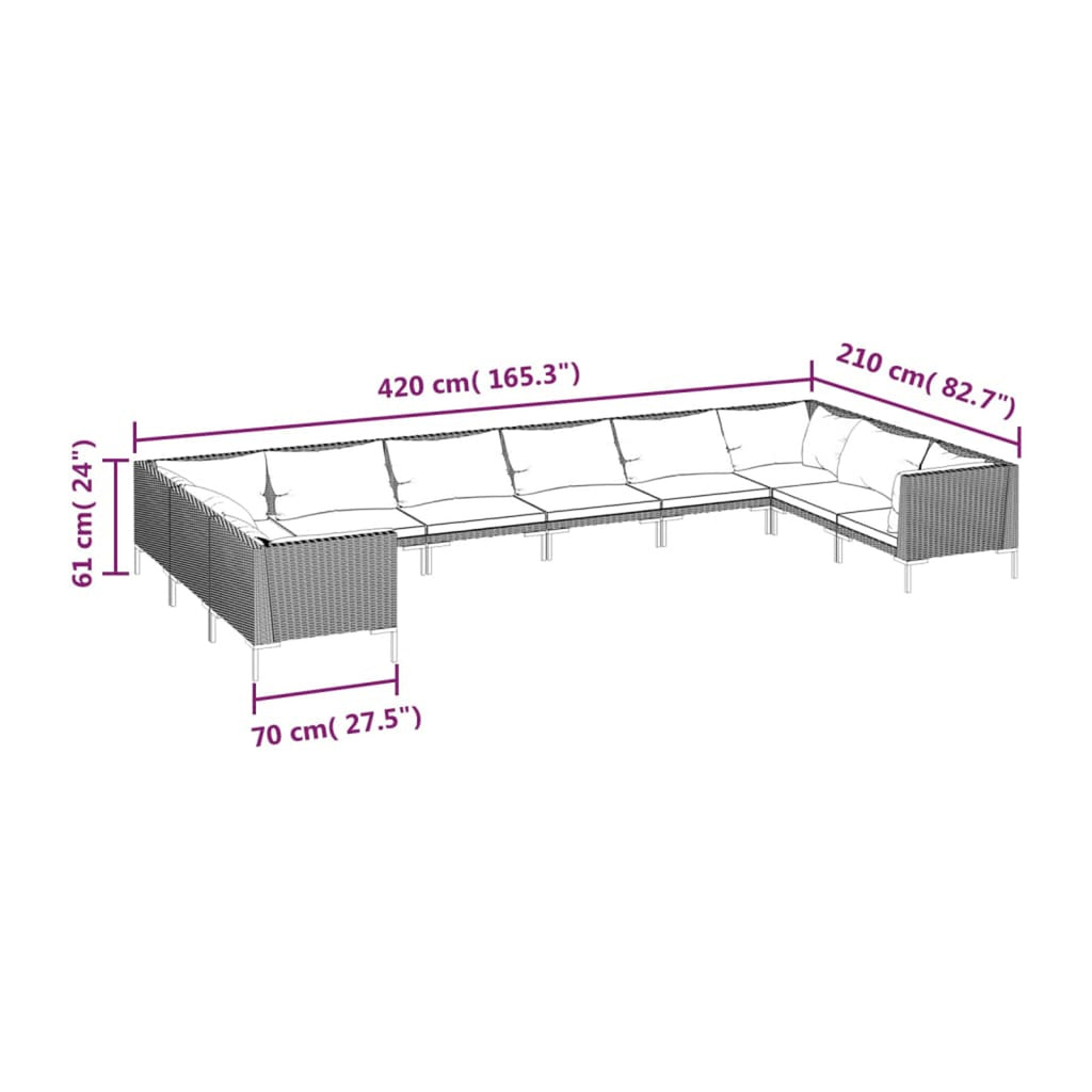10 Piece Patio Set with Cushions Poly Rattan Dark Gray O3170
