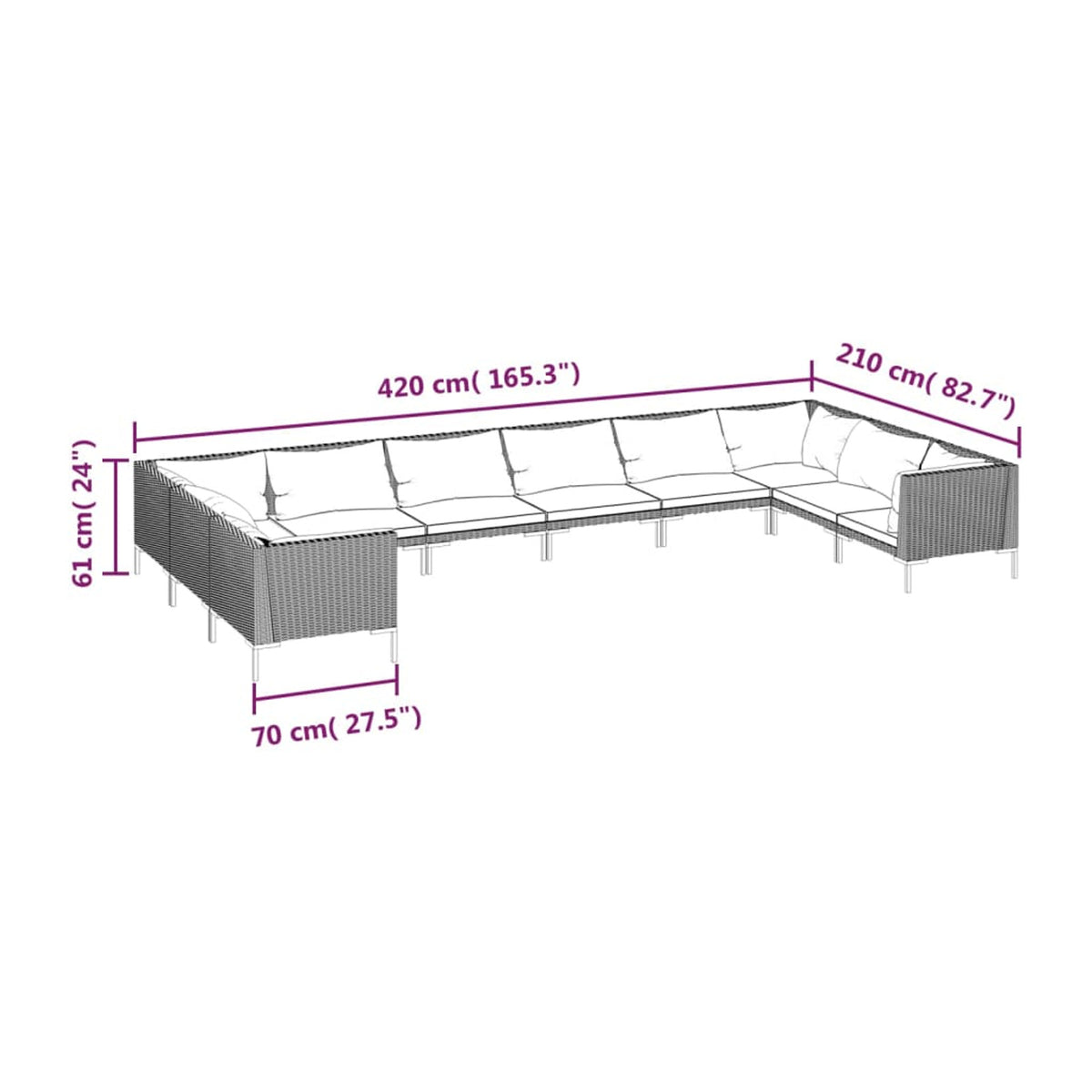10 Piece Patio Set with Cushions Poly Rattan Dark Gray O3170