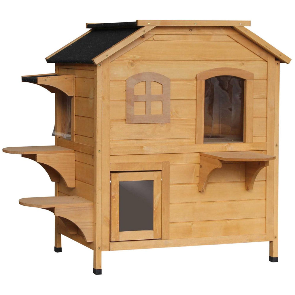 Wooden 2-Story Outdoor Cat House with Escape Door L41448