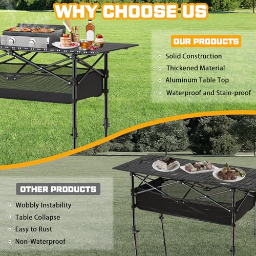 Height Adjustable Folding Camping Table with Mesh Storage and Carrying Bag B94444