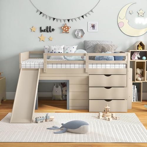 Twin Low Loft Bed with 3 Storage Drawers, Wood Loft Bed with Slide, Ladder, Guardrails A327137