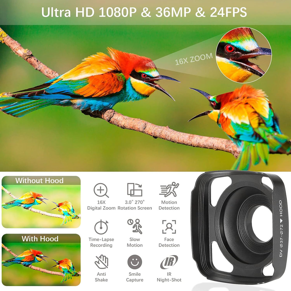Camcorder 1080P Video Camera 36MP 3.0 Inch IPS Touch Screen IR Night Vision 16X Digital Zoom with External Microphone Handheld Stabilizer Remote Control T53274