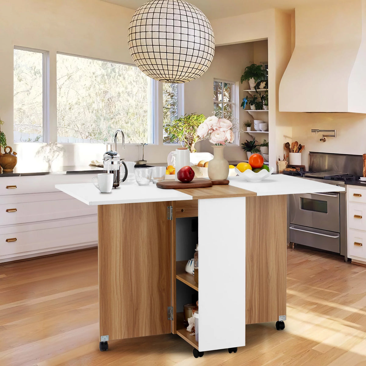 Folding Dining Table with 6 Wheels, Drawer and Storage Shelf, White and Wood Grain P504