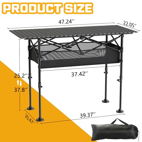 Height Adjustable Folding Camping Table with Mesh Storage and Carrying Bag B94444