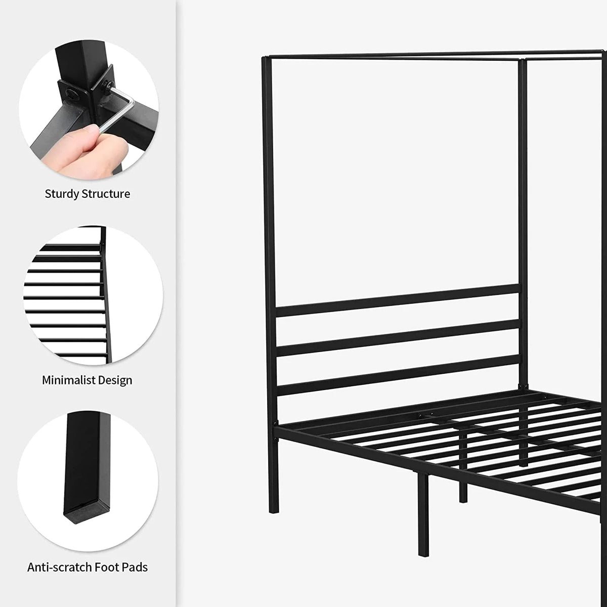 Queen Size Black Metal Canopy Bed Frame with Headboard R564169