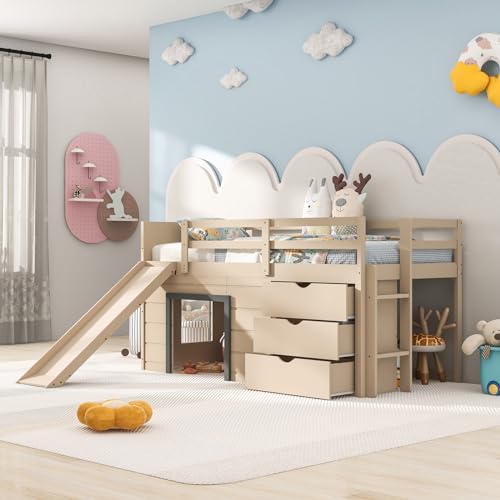 Twin Low Loft Bed with 3 Storage Drawers, Wood Loft Bed with Slide, Ladder, Guardrails A327137