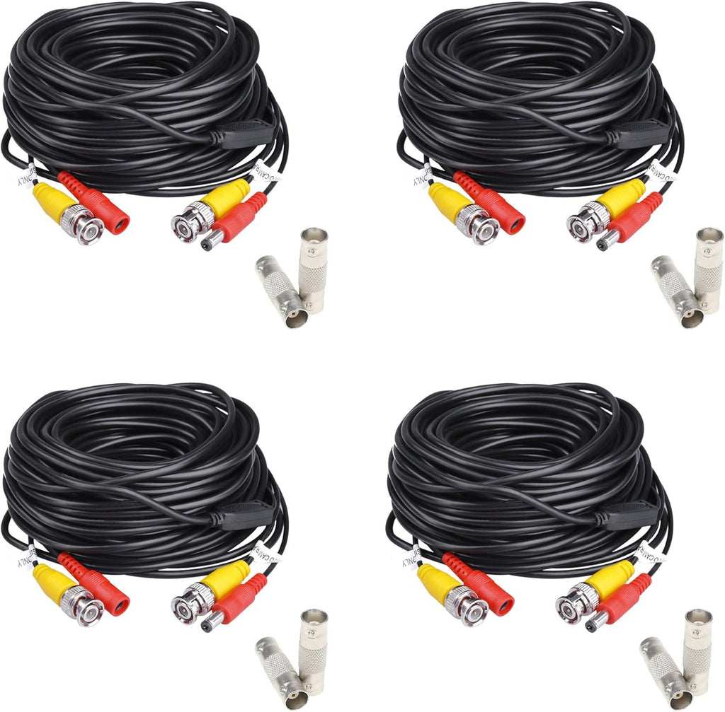 200ft Pre-Made Siamese BNC Video and Power Cable with BNC Extension Connectors for CCTV Security Camera (4 Pack, Black) U360