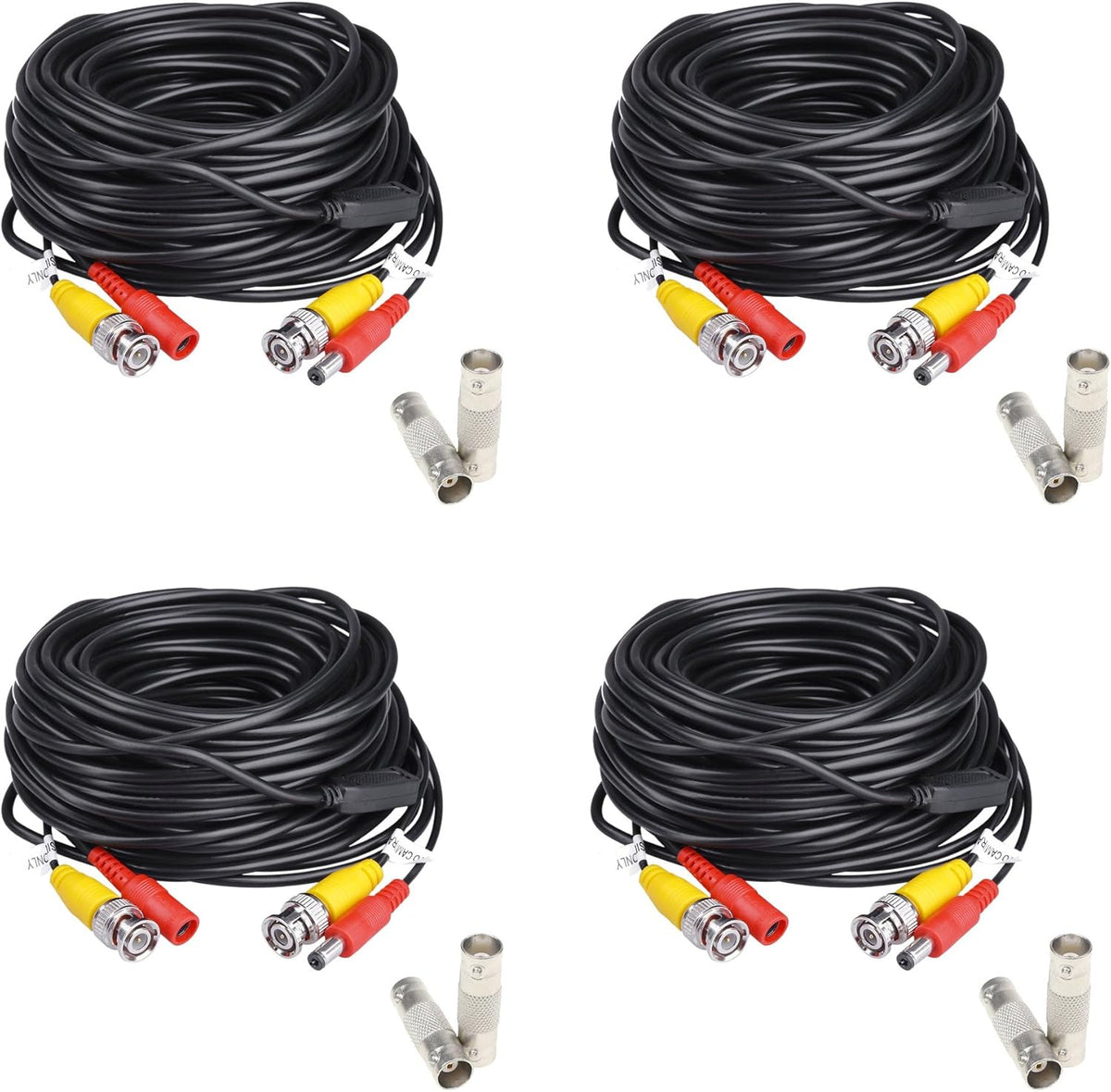 200ft Pre-Made Siamese BNC Video and Power Cable with BNC Extension Connectors for CCTV Security Camera (4 Pack, Black) U360