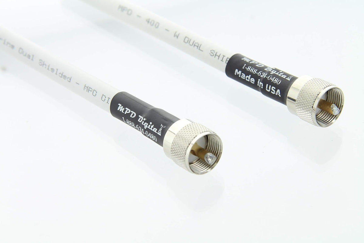 White 50 ohm Coaxial Cable with UHF PL259 Male Crimp Connectors, 25 ft Pack of 2 T34530