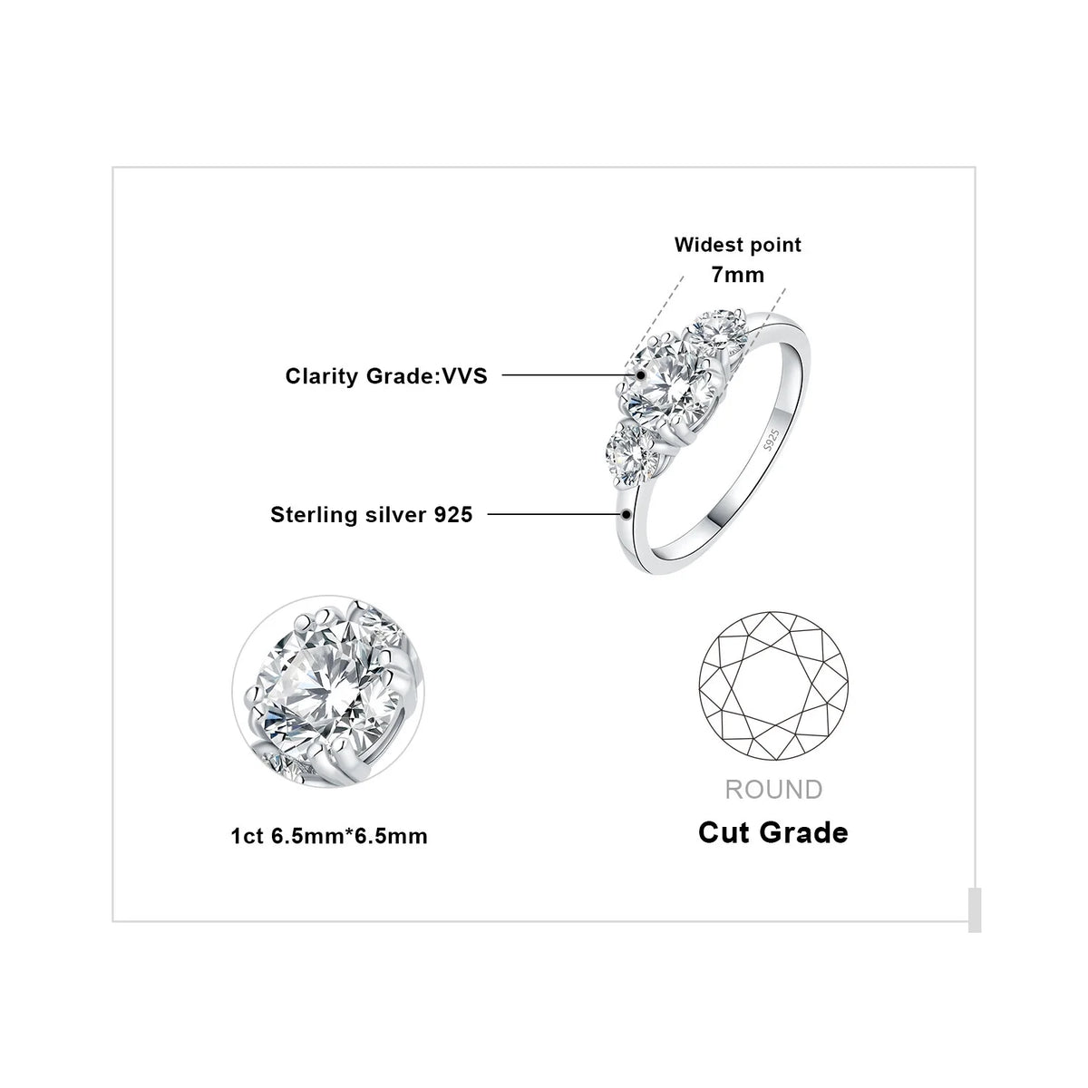 3 Stones 1ct Moissanite Engagement Ring, 925 Sterling Silver, Round Cut, Size 5-9 K255