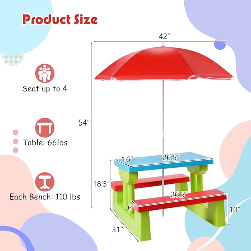 Kids Plastic Picnic Table with Umbrella Q81497