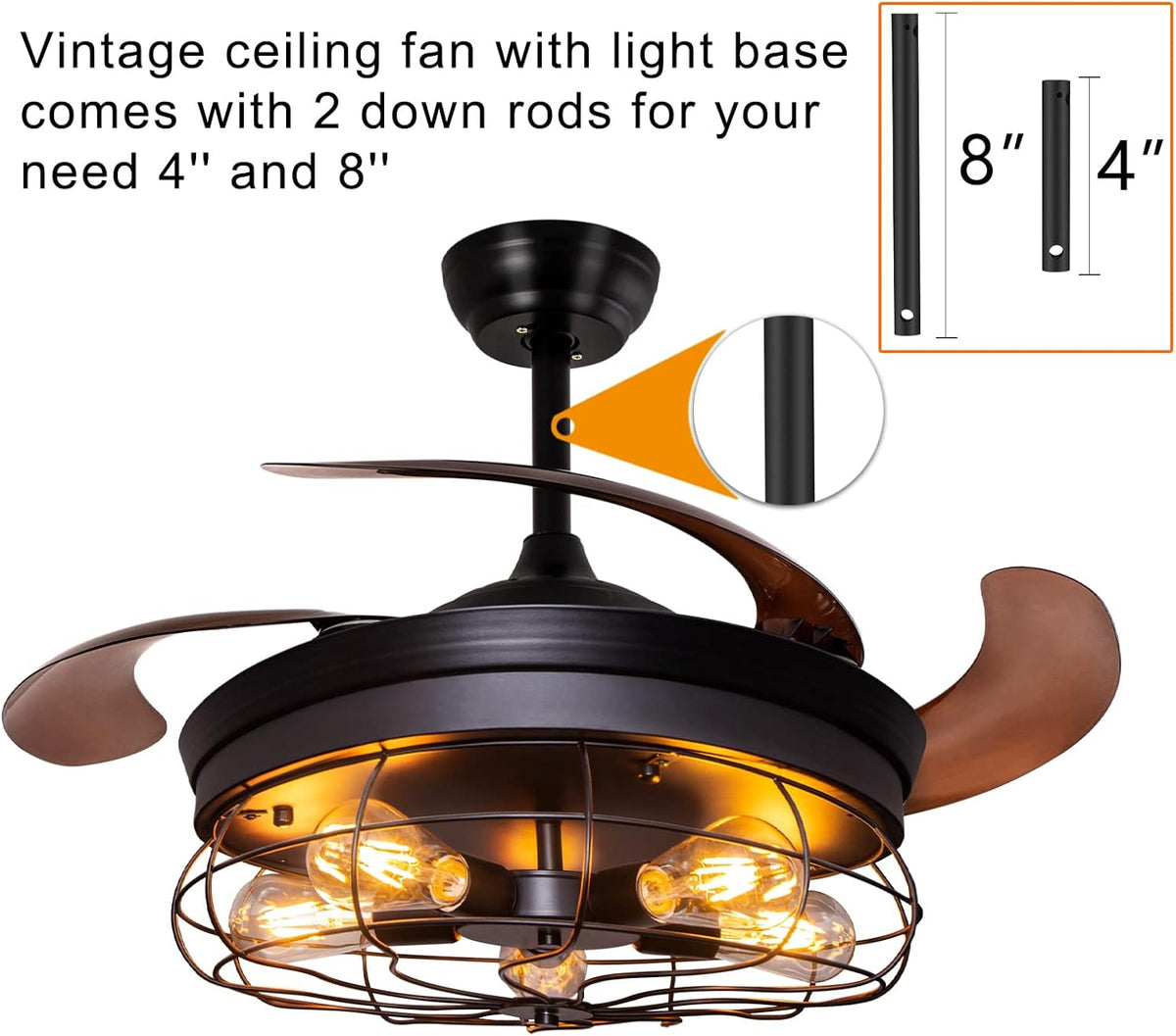 42'' Industrial Black Caged Ceiling Fan with Lights Remote Control E593288
